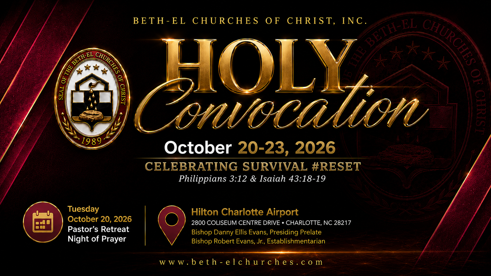 2026 Beth-El Holy Convocation artwork announcing Celebrating Survival Reset, October 20 through 23 at Hilton Charlotte Airport