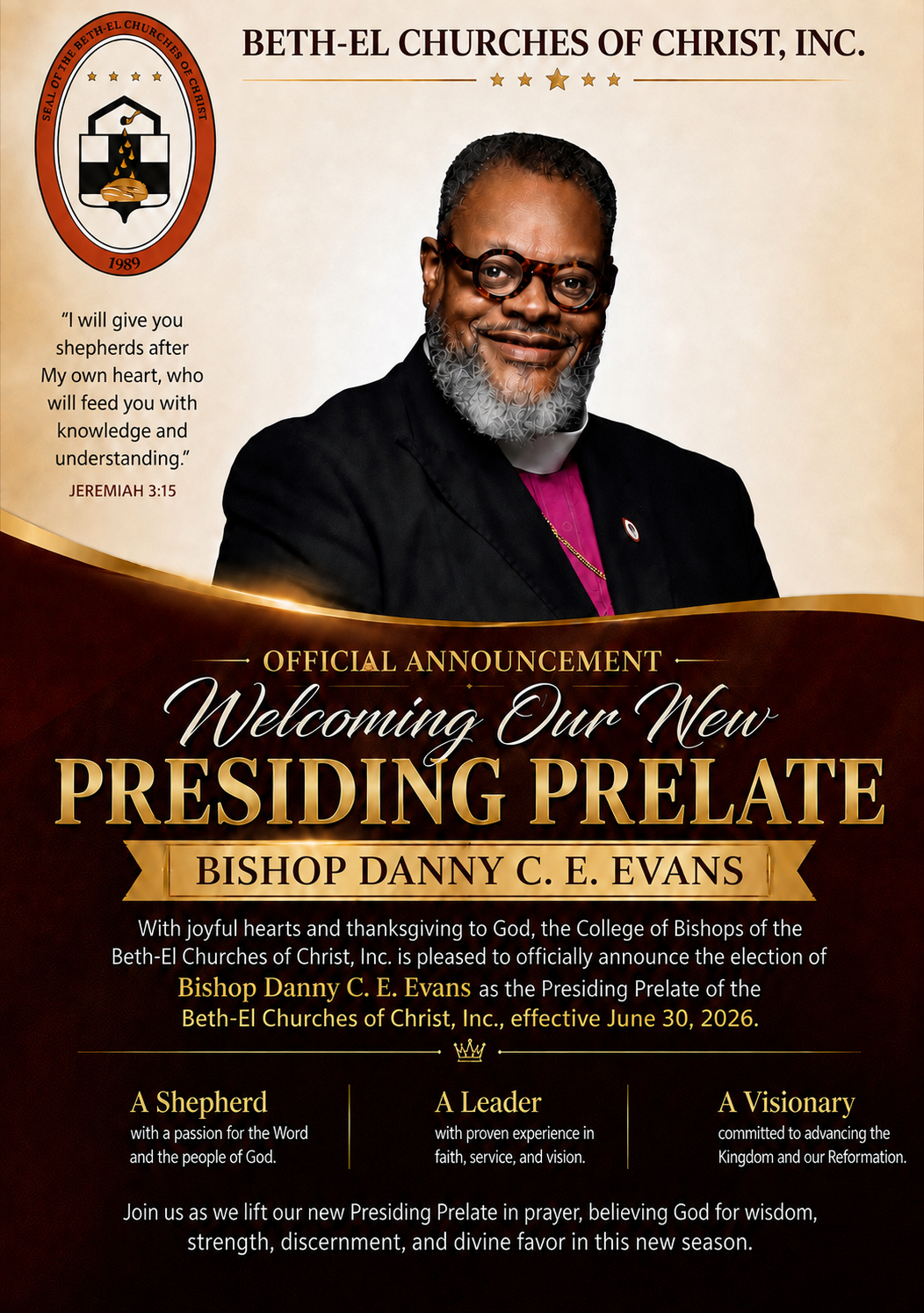 Official announcement welcoming Bishop Danny C. E. Evans as Presiding Prelate, effective June 30, 2026